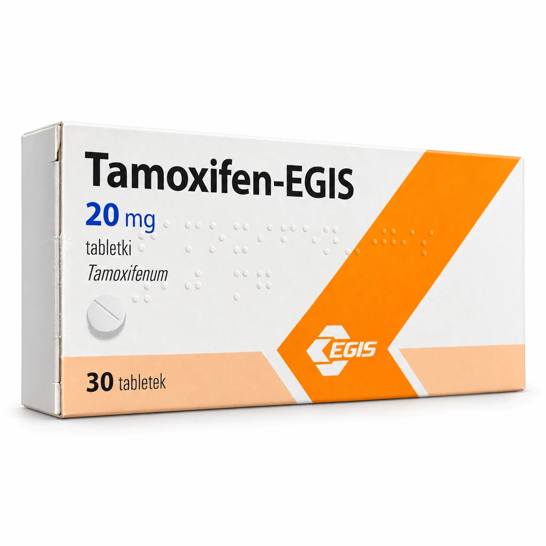 Иллюстрация упаковки Тамоксифен EGIS 20 мг №30 — вид под углом